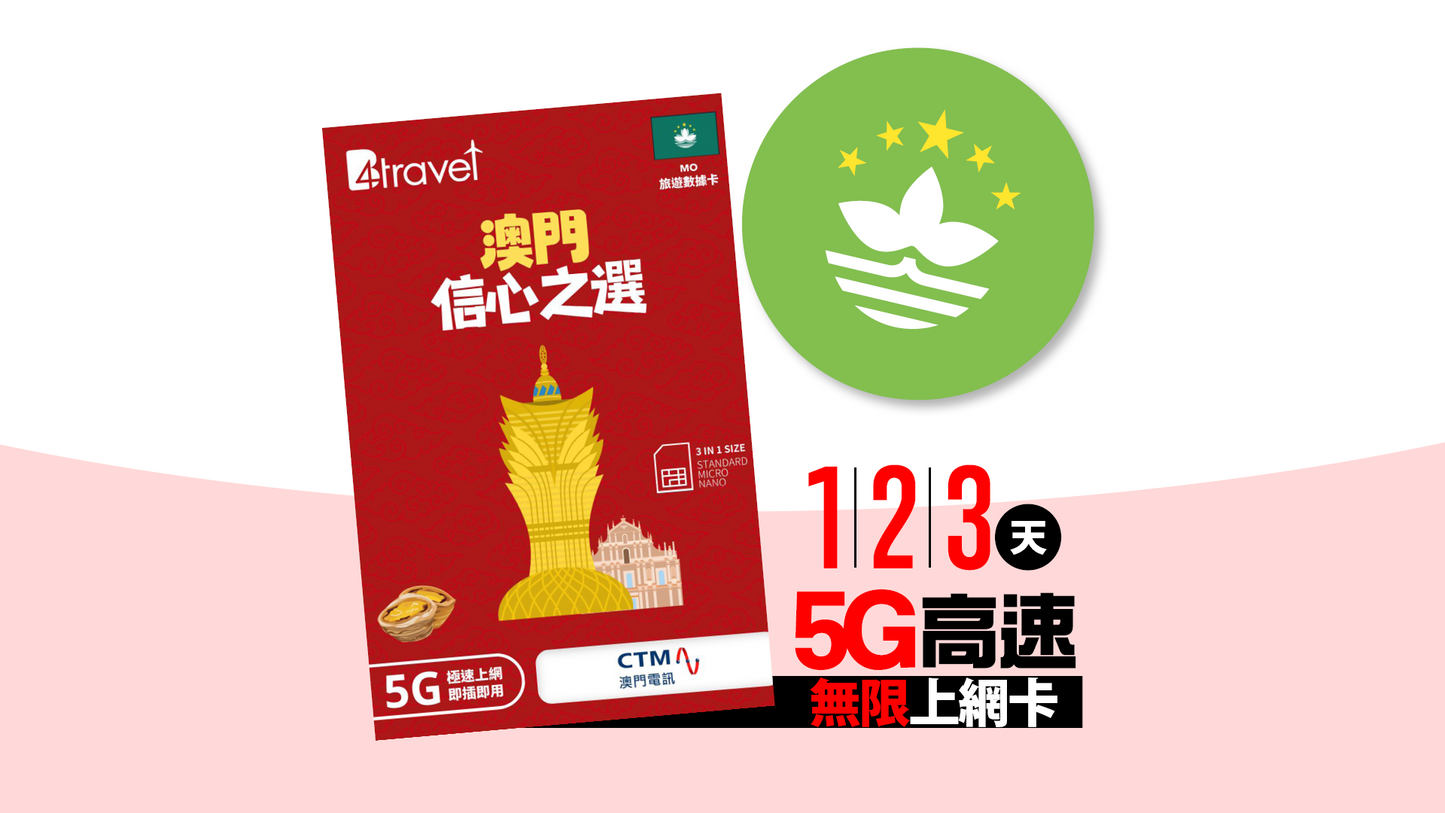 B4travel 澳門 1/2/3天 5G 高速.無限旅遊上網卡