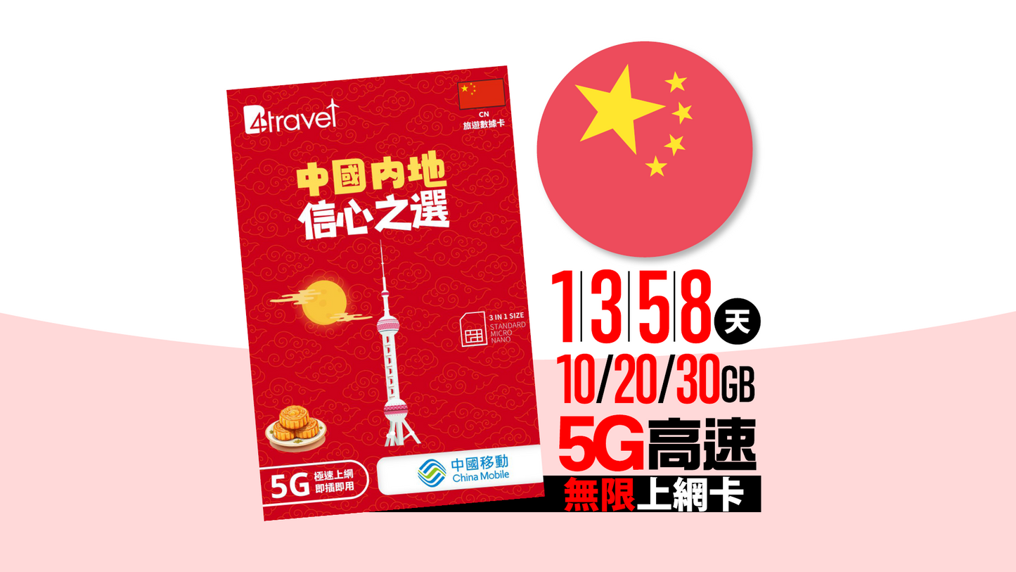B4travel 中國 1/2/3/8天| 10/20/30GB 5G 高速.無限旅遊上網卡